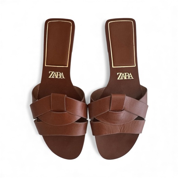 Zara Women's Flat Crossed Leather Sandals Size 8.5 (39) - Picture 4 of 6